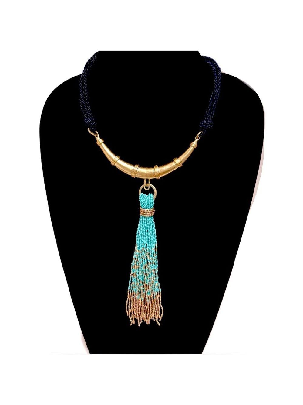 CHICO’S | Navy Rope & Aqua Beaded Tassel Golden Collar Necklace | NEW - Picture 2 of 8